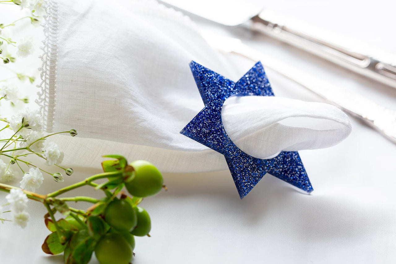 Ariel Tidhar - Magen David Napkin Rings - Blue Ice Glitter - Set of 4 - ModernTribe