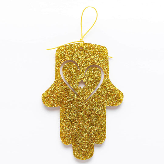 Petite Wall Hamsa with Heart - Gold Glitter