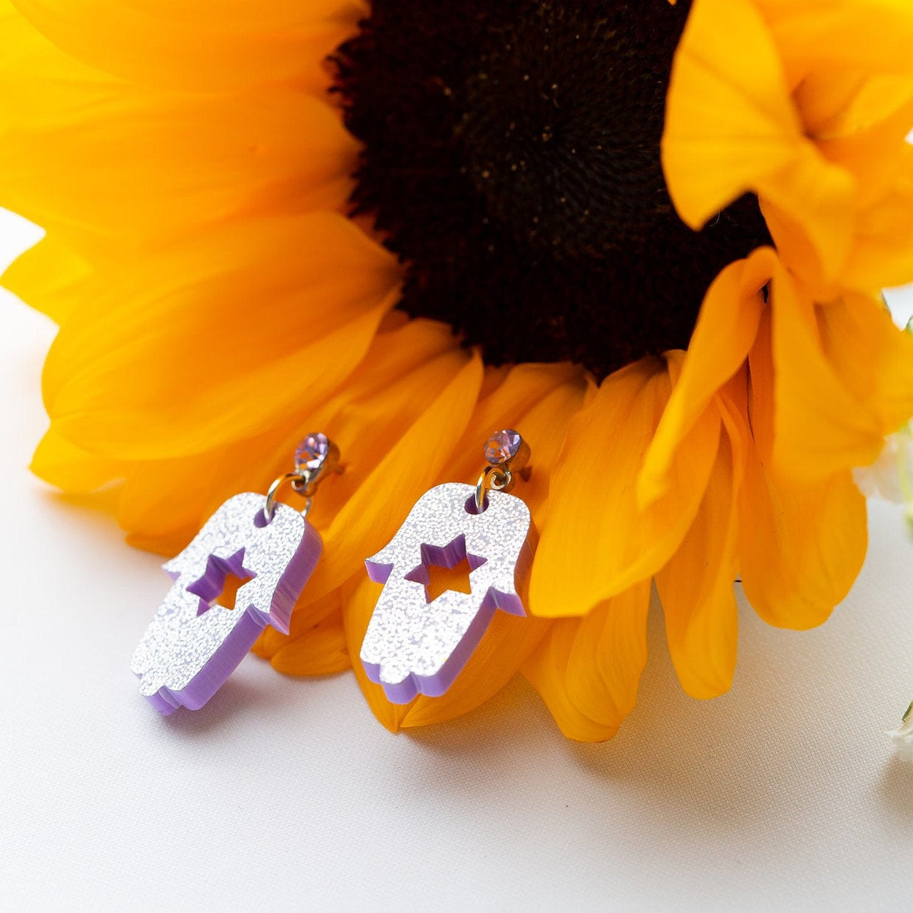 Ariel Tidhar - Lavender Bat Mitzvah Mini Hamsa Dangle Earrings - ModernTribe
