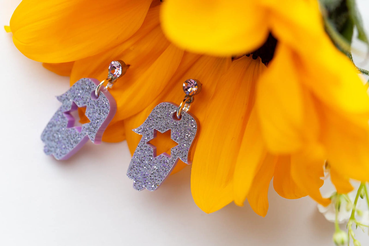 Ariel Tidhar - Lavender Bat Mitzvah Mini Hamsa Dangle Earrings - ModernTribe