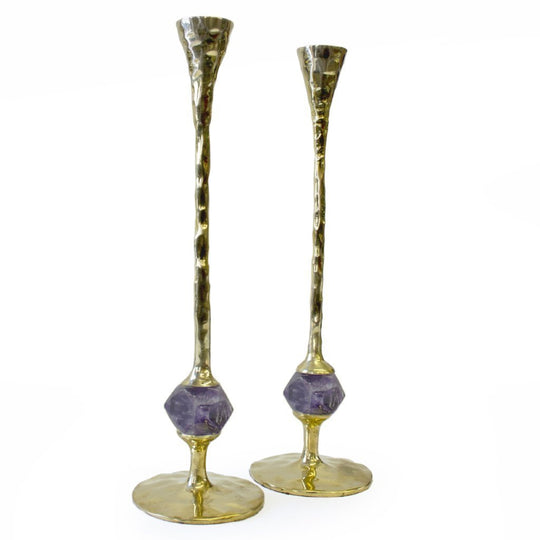 Gold Hammered and Amethyst Candlesticks