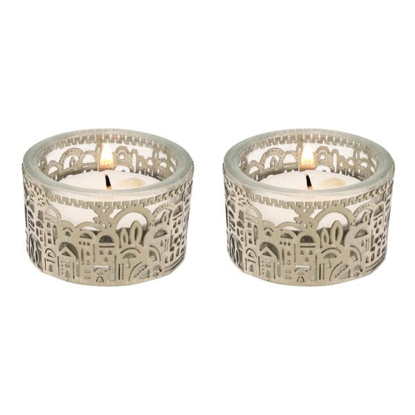 Yair Emanuel Candlesticks T-lite Holders With Metal Cutout of Jerusalem by Yair Emanuel - Silver