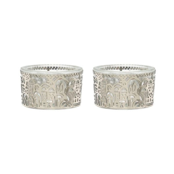 Yair Emanuel Candlesticks T-lite Holders With Metal Cutout of Jerusalem by Yair Emanuel - Silver