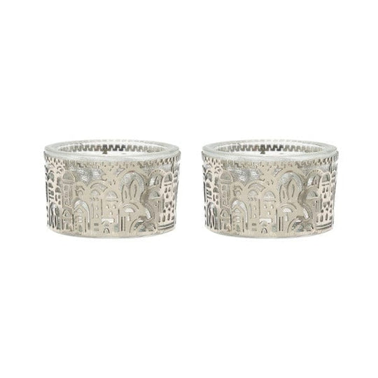 Tea Light Holders With Metal Cutout of Jerusalem by Yair Emanuel - Silver