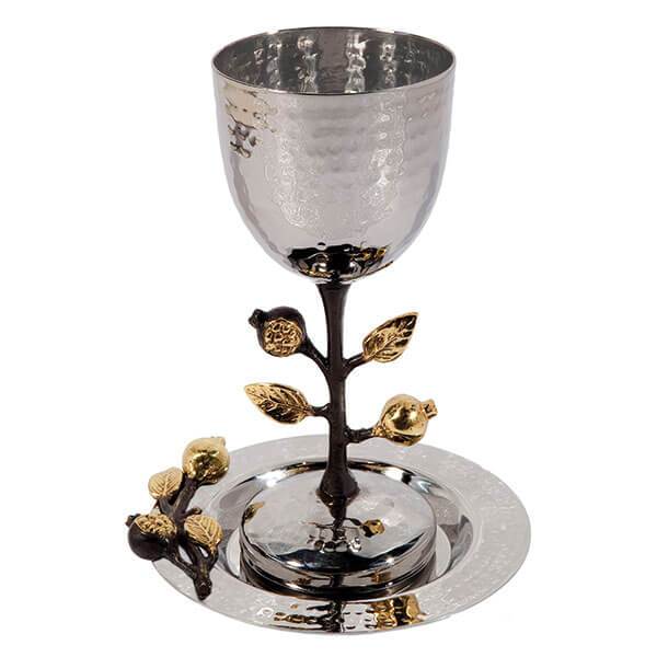 Yair Emanuel Kiddush Cups Tall Stainless Steel Pomegranate Kiddush Cup and Dish by Yair Emanuel