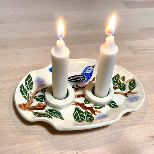 Blue Bird Porcelain Candlesticks Dish by Goodstein Ceramics