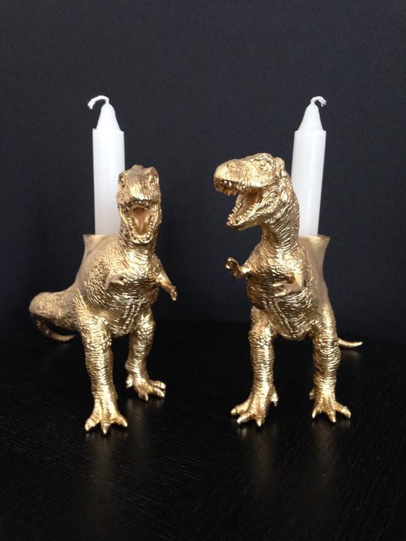 The Vanilla Studio Candlesticks Dinosaur Shabbat Candlesticks in Gold - POS