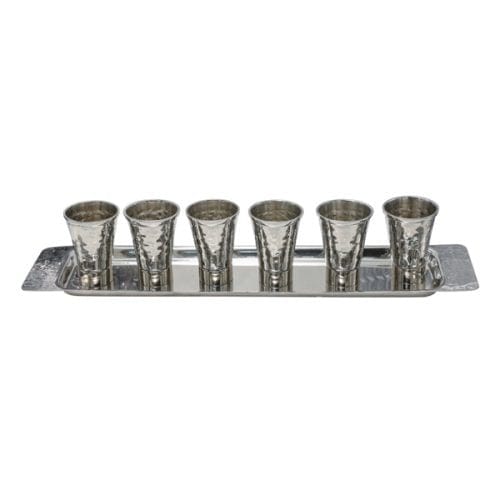 Yair Emanuel - 6 Small Hammered Kiddush Cups + Tray by Yair Emanuel - Silver - ModernTribe