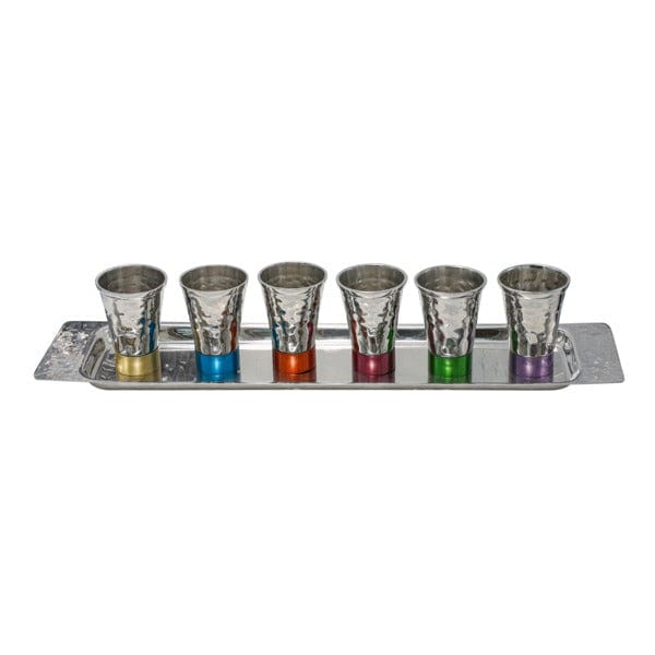 Yair Emanuel - 6 Small Hammered Kiddush Cups + Tray by Yair Emanuel - Rainbow - ModernTribe