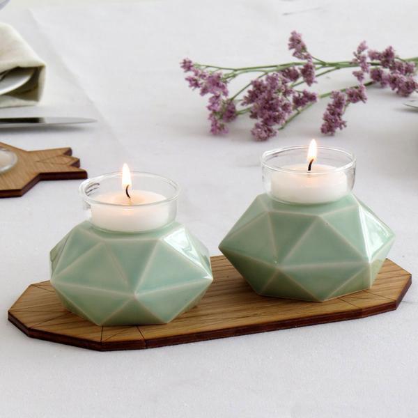 Studio Armadillo - Light Green Hexagon Candlesticks - Pair - ModernTribe