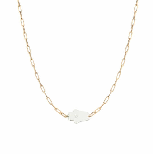 Dani Hamsa Diamond Paperclip Necklace - (Sterling Silver, Gold-Plated, or Two-Tone)
