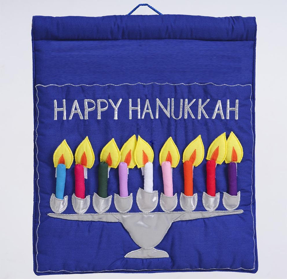 Pockets of Learning - Happy Hanukkah Menorah Wall Hanging - Blue - ModernTribe