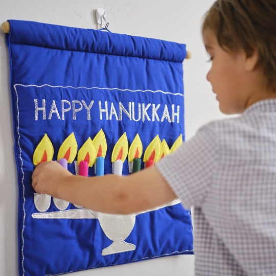 Happy Hanukkah Menorah Wall Hanging - Blue