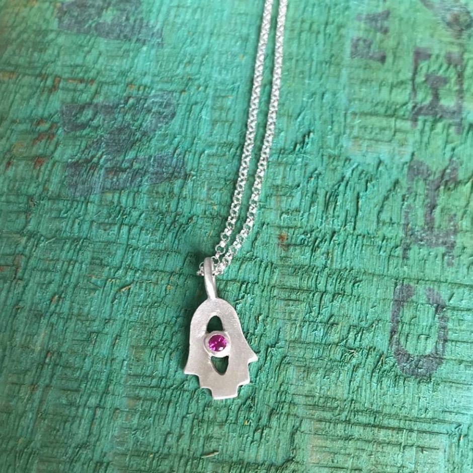 Emily Rosenfeld Necklaces Silver Tiny Hamsa Amulet by Emily Rosenfeld - Choice of Gem