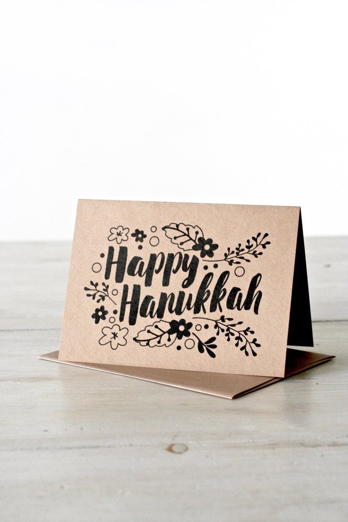 Chai and Home - Floral Kraft Happy Hanukkah Greeting Card, Box of 6 - ModernTribe