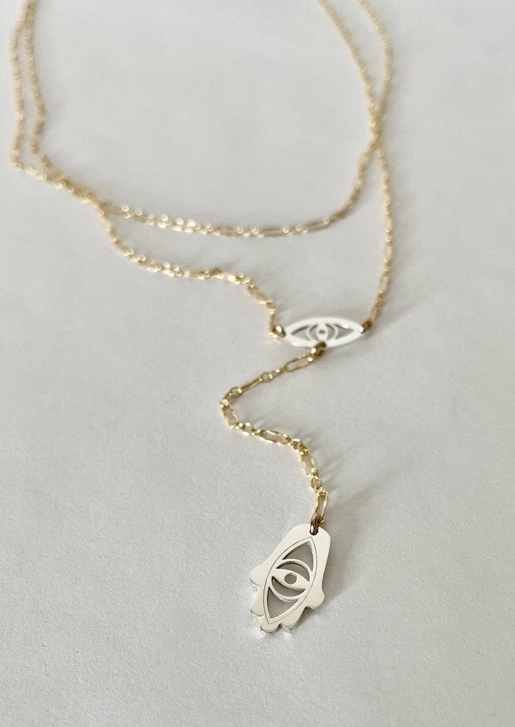 Miriam Merenfeld Jewelry Necklaces Lia Eye and Hamsa Lariat - Sterling Silver, Gold Vermeil or Two-Tone