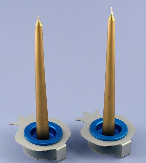 Shraga Landesman Candlesticks Double Rimon Shabbat Candle Holders - Blue