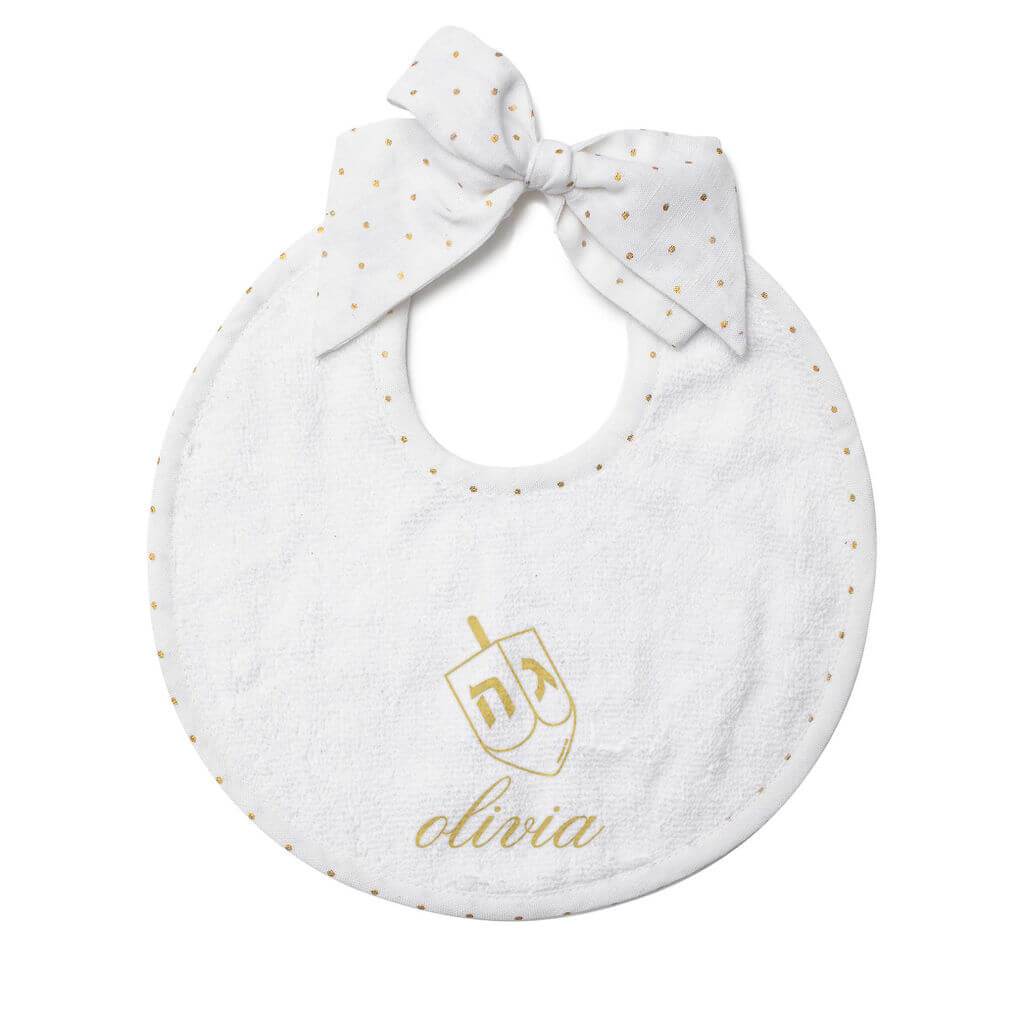 Louelle Bibs Personalized Embroidered Round Hanukkah Baby Bib - Gold Dot