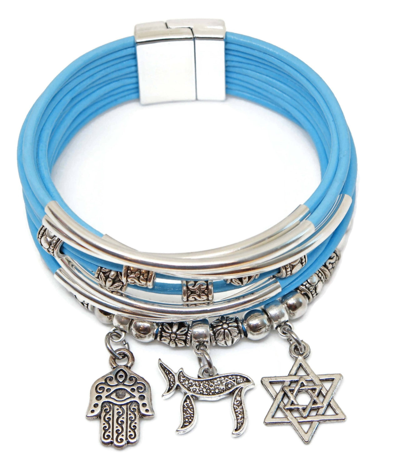 My Tribe by Sea Ranch Jewelry - Star of David, Chai and Hamsa Charm Bracelet - Sky Blue - ModernTribe