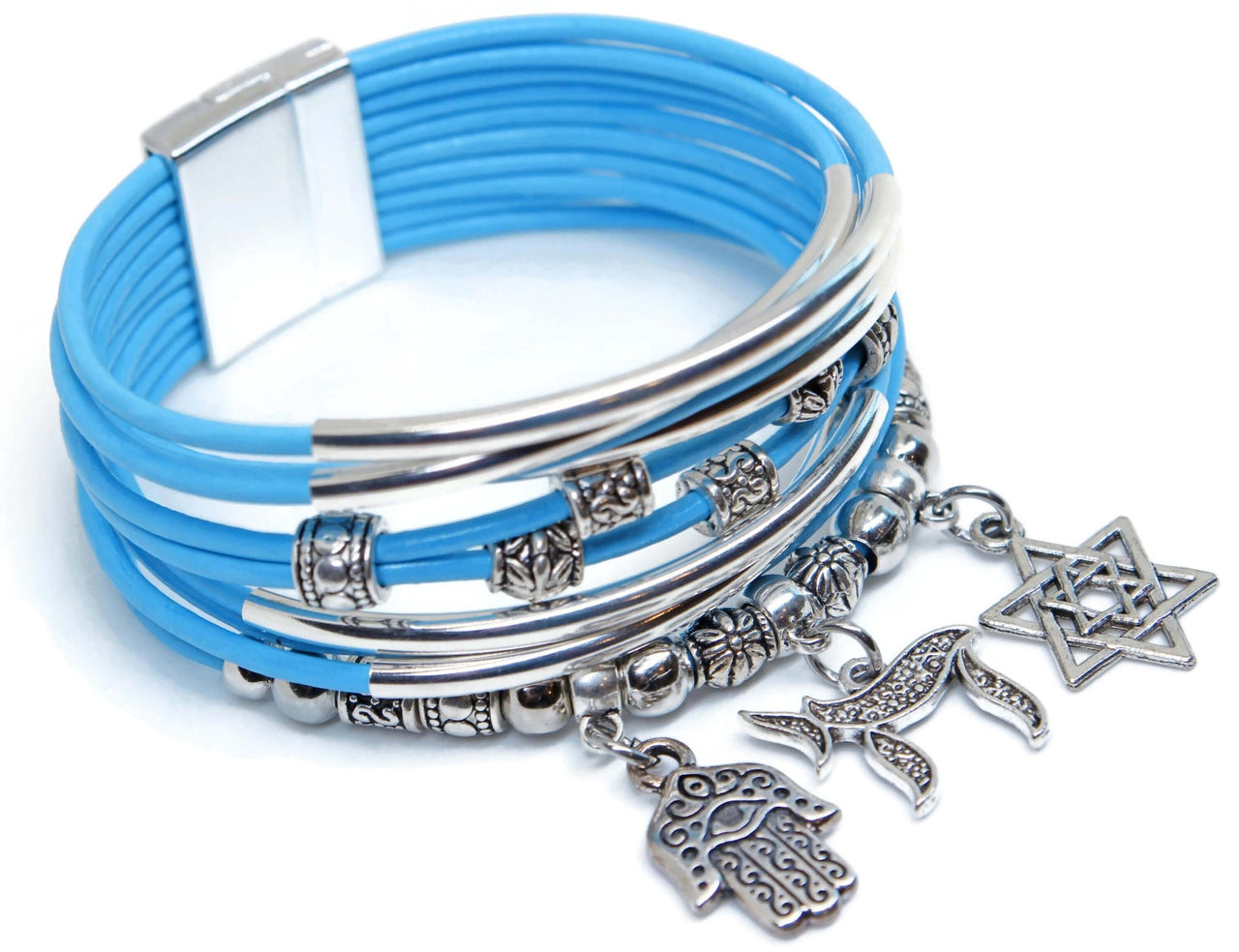 My Tribe by Sea Ranch Jewelry - Star of David, Chai and Hamsa Charm Bracelet - Sky Blue - ModernTribe