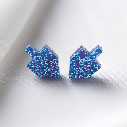 Dreidel Stud Earrings - Blue Glitter