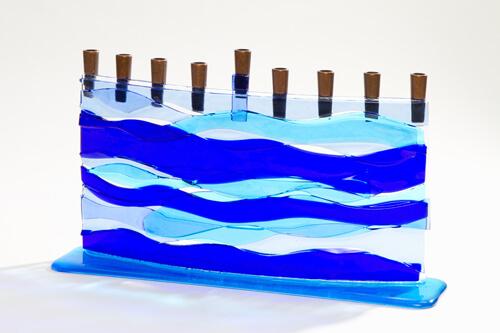 Daryl Cohen Menorah Multi-Colored Blue Ocean Fused Glass Menorah by Daryl Cohen