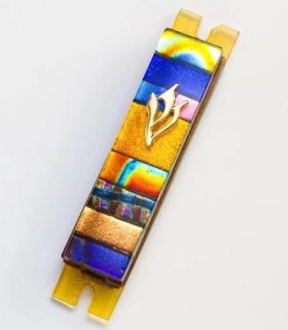Daryl Cohen Mezuzah Blue and Gold Striped Fused Glass Mezuzah by Daryl Cohen