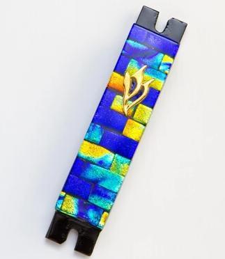 Daryl Cohen - Blue and Gold Brick Fused Glass Mezuzah by Daryl Cohen - ModernTribe