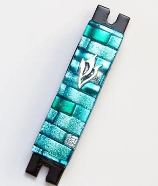 Daryl Cohen Mezuzah Sea Blue and Silver Brick Fused Glass Mezuzah by Daryl Cohen