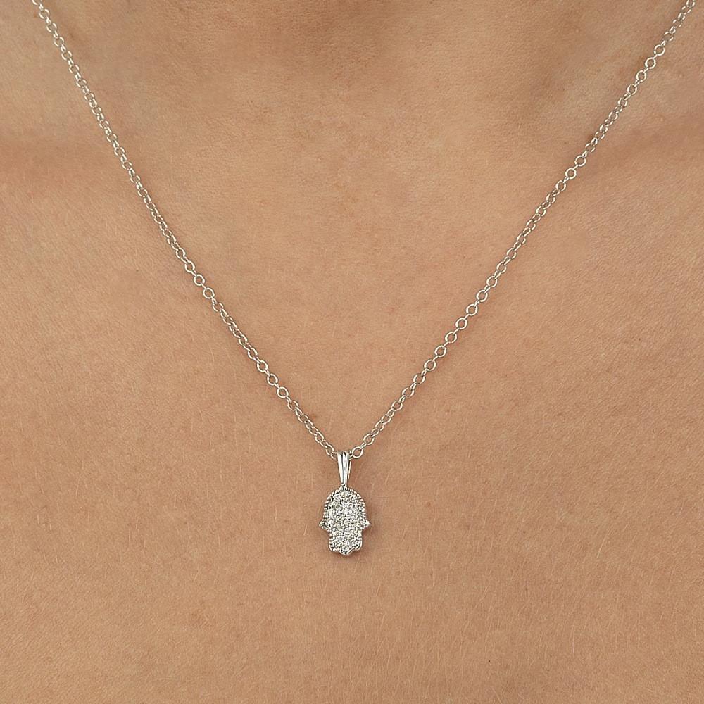 Binah Jewelry - Pave Diamond Hamsa Necklace In White Gold - ModernTribe