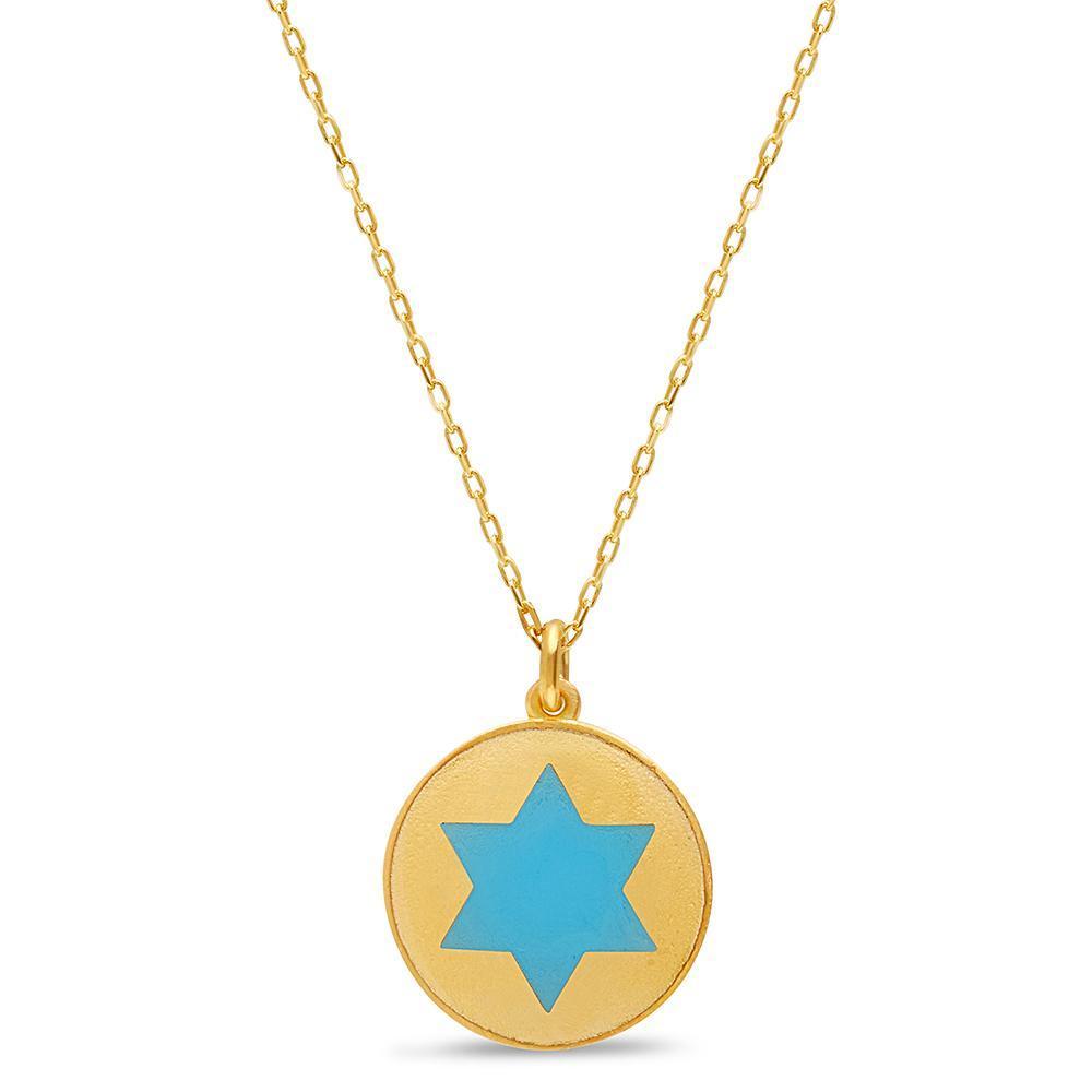 Alef Bet - Gold and Blue Star of David Rounded Necklace - ModernTribe