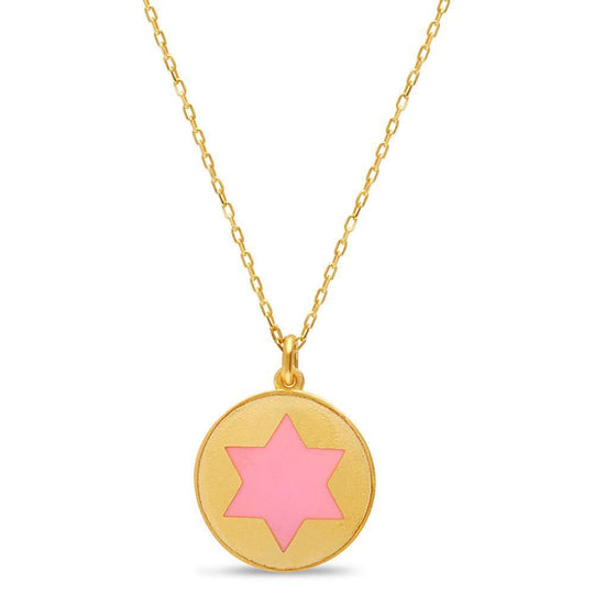 Gold and Pink Star of David Rounded Necklace