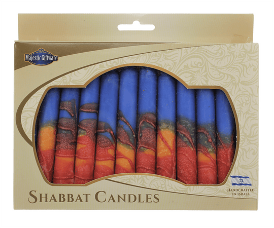 Israeli Hand Crafted Harmony Blue & Red Shabbat Candles | Set of 12