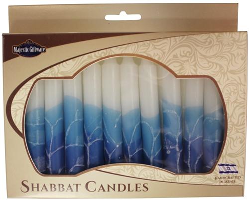 Israeli Hand-Crafted White Turquoise Shabbat Candles | Set of 12