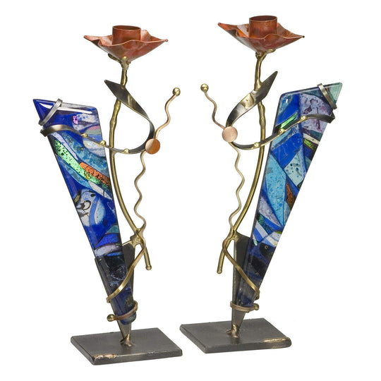 Metal and Glass Blue Shabbat Candlesticks by Gary Rosenthal