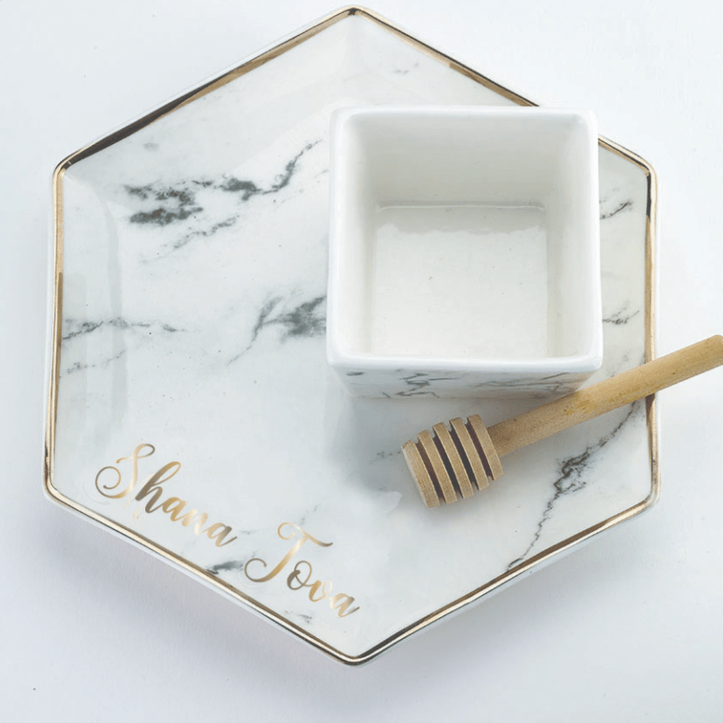 Hexagon Shaped Porcelain Apple and Honey Dish Set