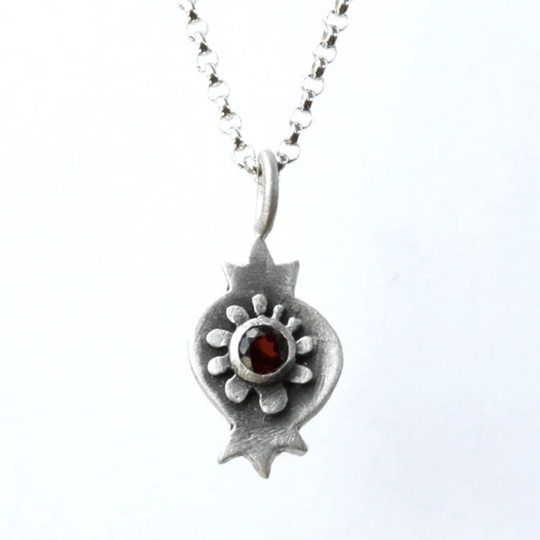 Botanical Pomegranate Sterling Silver Necklace with Garnet by Emily Rosenfeld