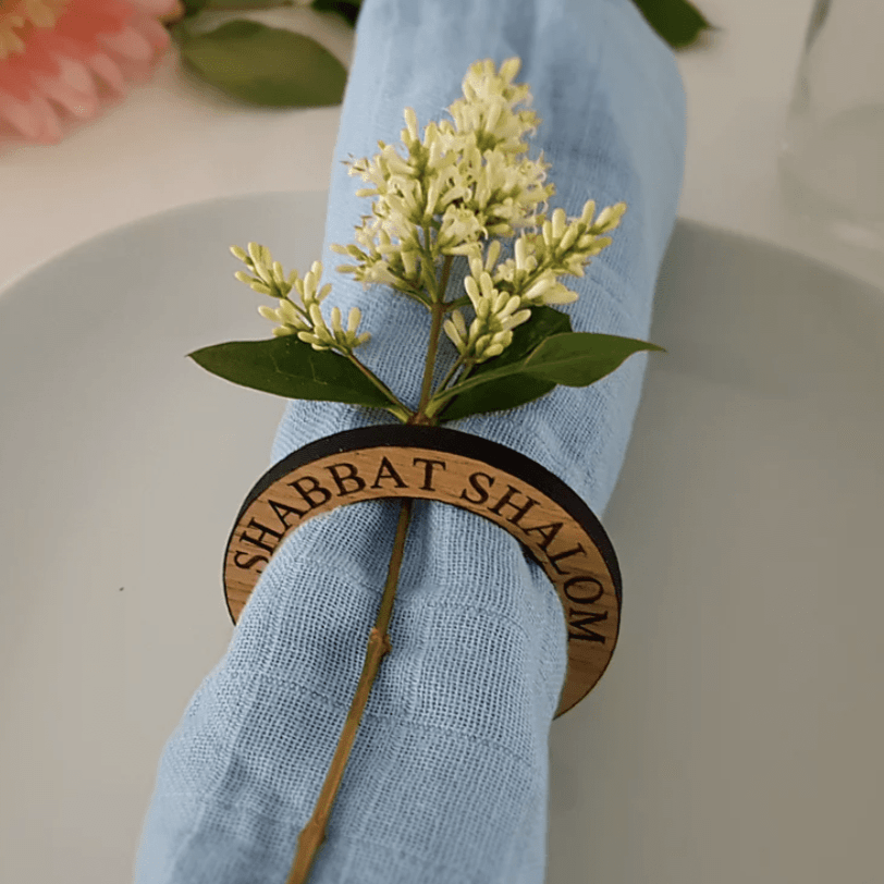 Danke Judaica - Shabbat Shalom Oak Napkin Rings - Set of 4 - ModernTribe
