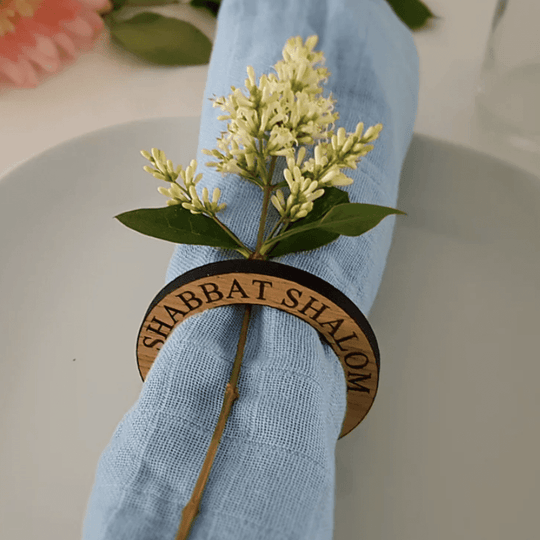 Shabbat Shalom Oak Napkin Rings - Set of 4