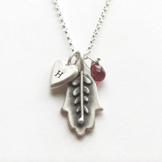 Botanical Hamsa Combination Sterling Silver Necklace by Emily Rosenfeld in Hebrew