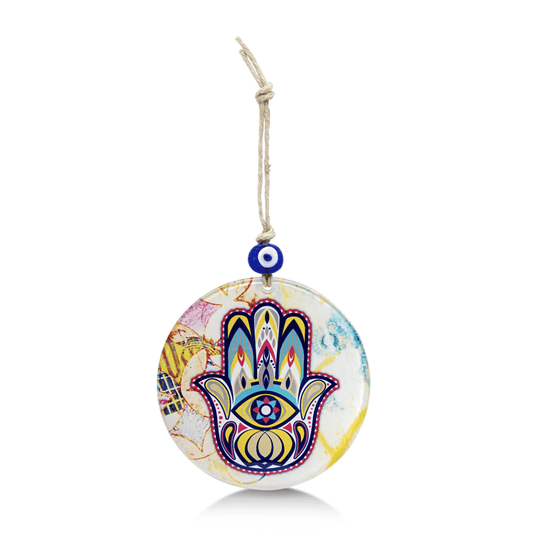 Abstract Hamsa Glass Wall Hanging with Evil Eye