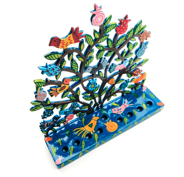 Yair Emanuel Menorahs Laser Cut-Hand Painted Menorah - Pomegranates + Birds By Yair Emanuel