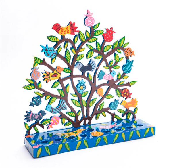 Yair Emanuel Menorahs Laser Cut-Hand Painted Menorah - Pomegranates + Birds By Yair Emanuel