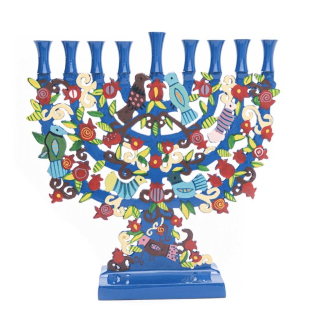 Yair Emanuel Menorahs Hand Painted Menorah - Pomegranates + Birds by Yair Emanuel