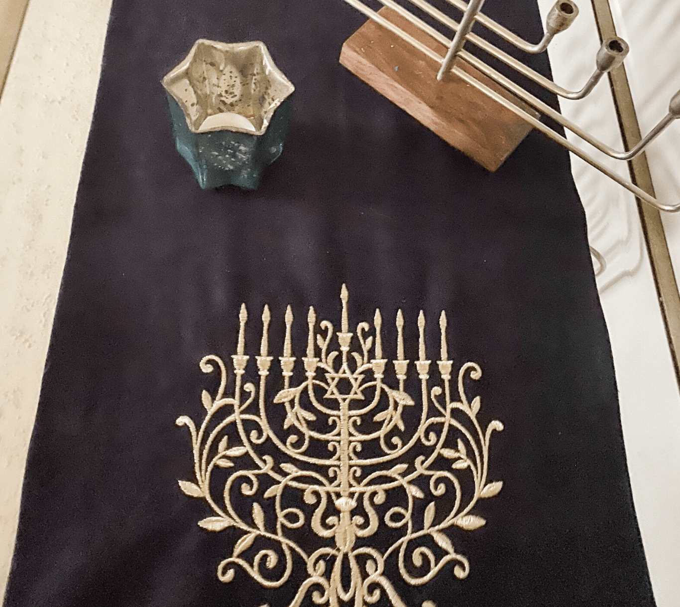 Three Generations Decorations Navy and Silver Menorah Hanukkah Table Runner