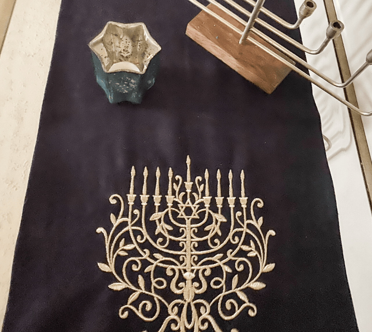 Three Generations - Embroidered Navy and Silver Menorah Hanukkah Table Runner - ModernTribe
