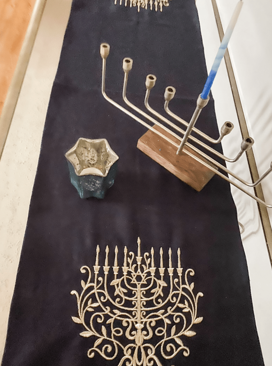 Three Generations - Embroidered Navy and Silver Menorah Hanukkah Table Runner - ModernTribe