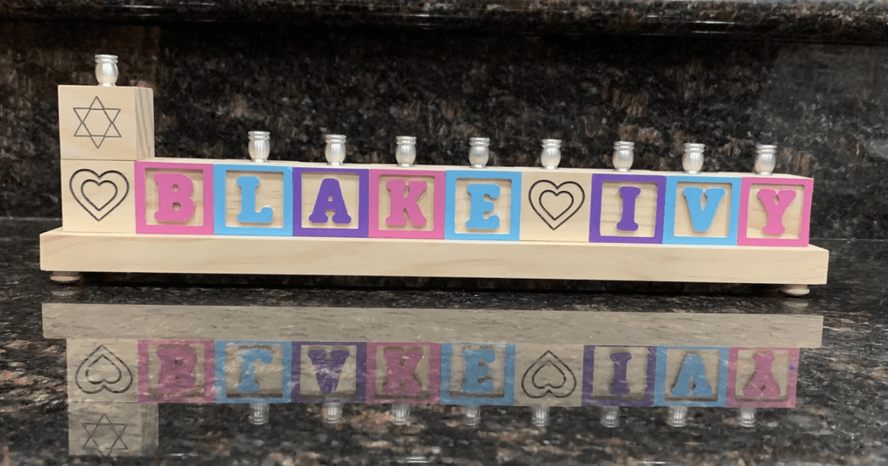 Don't Forget the Gift - Personalized Wooden Block Name Menorah - Primary or Pastel Colors - ModernTribe