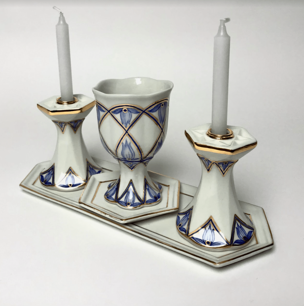 Judaica Hungarica Candlesticks Modern Blue Floral Porcelain Shabbat Set - Kiddush Cup and Candlesticks