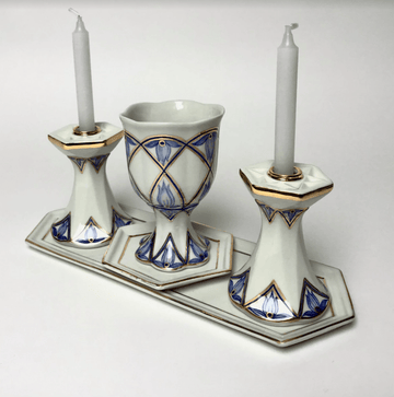 Judaica Hungarica Candlesticks Modern Blue Floral Porcelain Shabbat Set - Kiddush Cup and Candlesticks